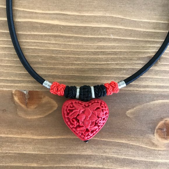 Passage to Asia Cinnabar-Style Lacquer Resin Carved Heart Shape Pendant Necklace - Picture 1 of 6